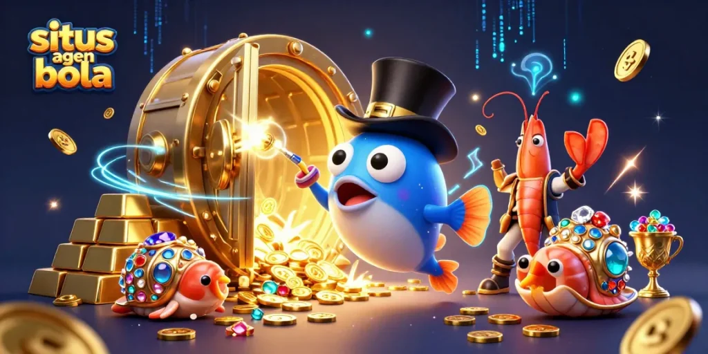 Engage with situs agen bola in a vibrant underwater scene of animated characters attracting treasures and fortune