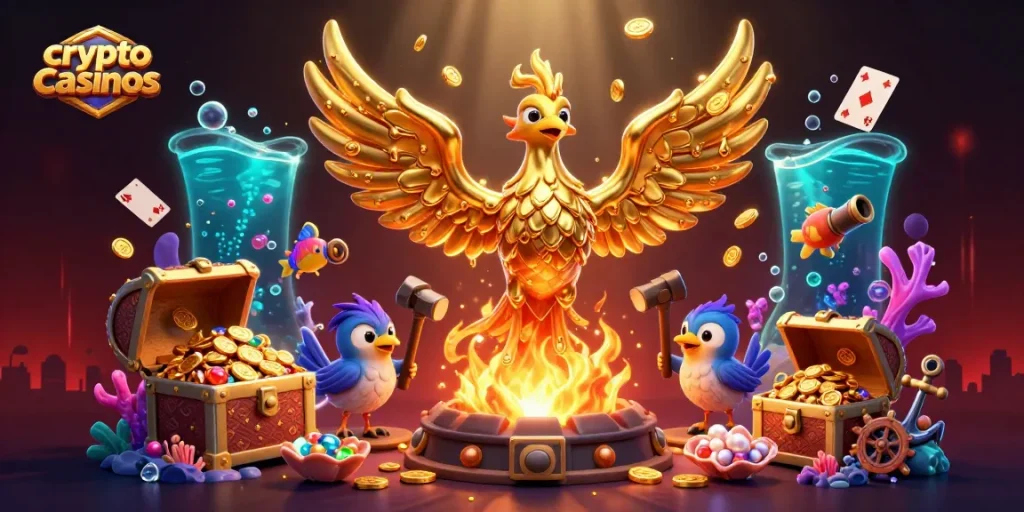 Illustration immersive des crypto casinos, présentant un phoenix doré et des éléments de jeu attrayants.