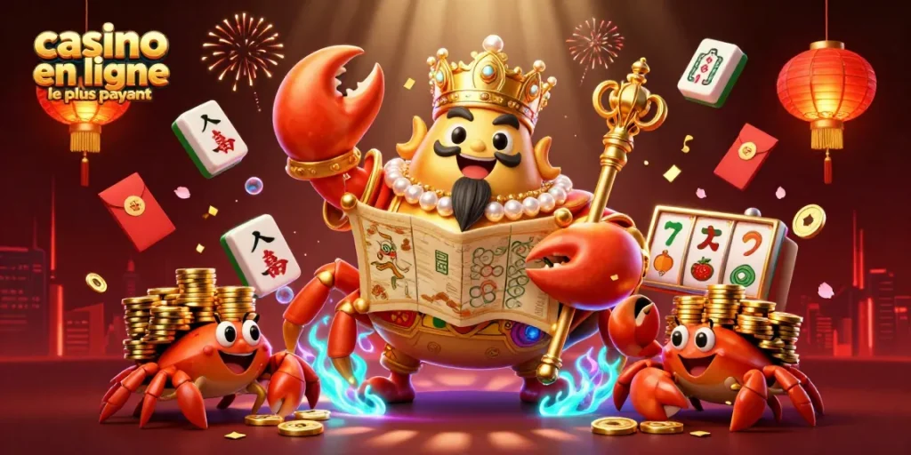 Illustration 3D d'un crabe doré majestueux avec des éléments de casino en ligne le plus payant, comprenant des rouleaux de machine à sous.