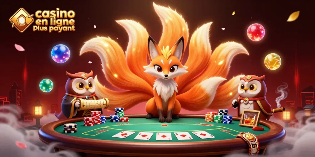 Illustration dynamique de casino en ligne le plus payant avec un renard spirituel à neuf queues et une chouette sage.