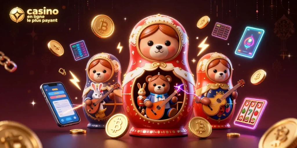 Illustration vivante de 'casino en ligne le plus payant' avec des ours et de la musique dans un cadre coloré.