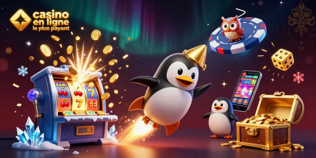 Illustration dynamique d'un casino en ligne le plus payant avec un pingouin doré et des jeux de casino.