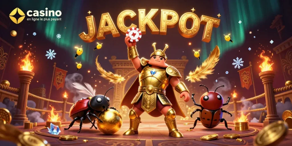 Jouez au casino en ligne le plus payant avec un scarabée en armure célébrant un jackpot.