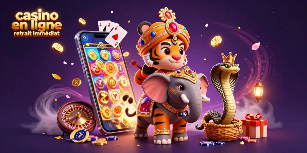 Illustration de casino en ligne retrait immédiat avec un tigre maharaja sur un éléphant et des éléments de jeu.