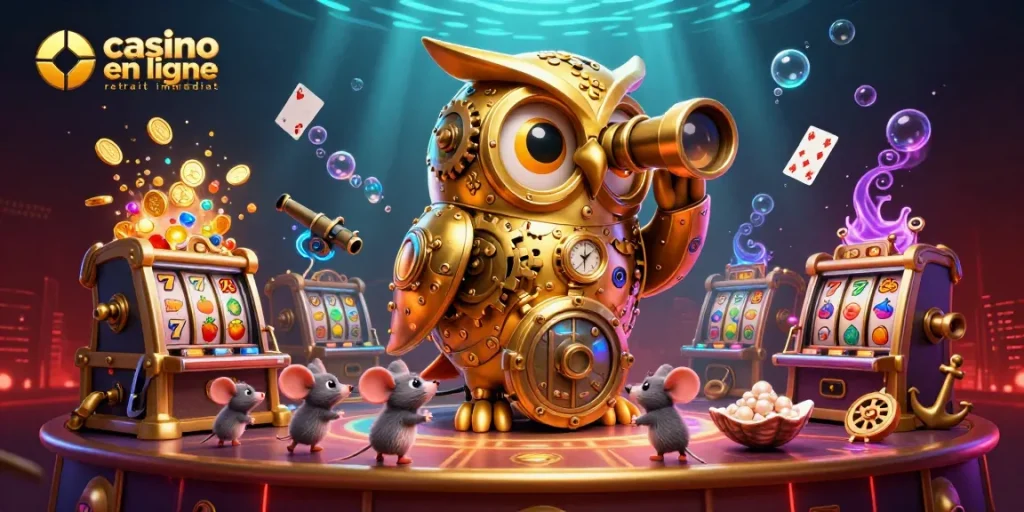Découvrez le casino en ligne retrait immédiat avec un hibou doré à l'horlogerie et des souris joueurs entourés de trésors.