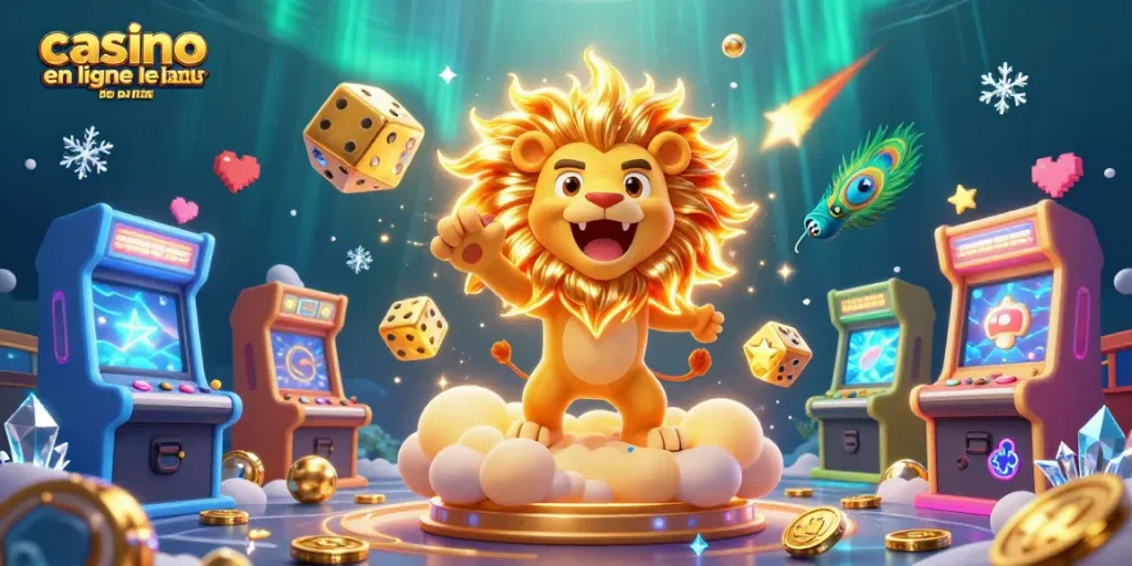 Visualisez le casino en ligne le plus payant avec un lion ensoleillé et des dés dorés, illustrant le divertissement.