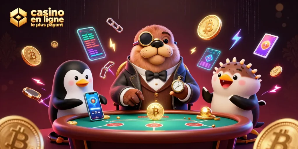 Action de jouer au poker avec le casino en ligne le plus payant, illustré par un morse et un pingouin.