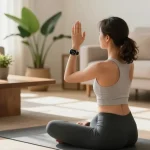 Pengguna https://www.polarfitbitshop.com/fitbit-luxe/ sedang berlatih yoga di ruang tamu yang tenang dengan arloji Fitbit Luxe terlihat di pergelangan tangan.