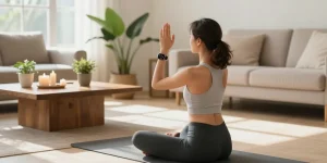 Pengguna https://www.polarfitbitshop.com/fitbit-luxe/ sedang berlatih yoga di ruang tamu yang tenang dengan arloji Fitbit Luxe terlihat di pergelangan tangan.