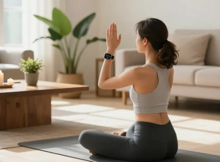 Pengguna https://www.polarfitbitshop.com/fitbit-luxe/ sedang berlatih yoga di ruang tamu yang tenang dengan arloji Fitbit Luxe terlihat di pergelangan tangan.