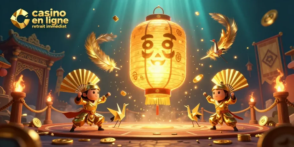 Jouez à casino en ligne retrait immédiat dans un monde animé de lanternes et guerriers fan, illustrant une expérience immersive.