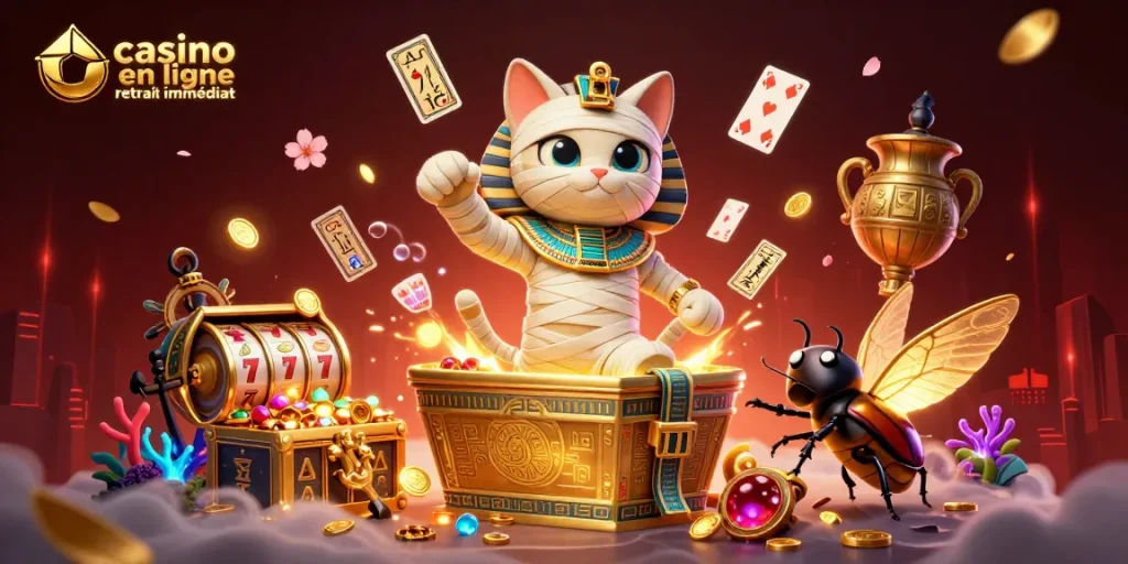 Illustration captivante représentant le casino en ligne retrait immédiat avec un chat momie égyptien et des éléments de jeu dynamique.