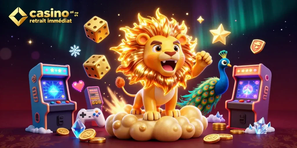 Profitez du casino en ligne retrait immédiat dans une illustration colorée d'un lion solaire et des éléments de jeu vibrants.