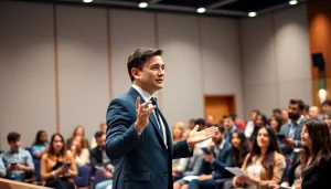 Public Speaking Coach engaging with an eager audience in a bright auditorium.