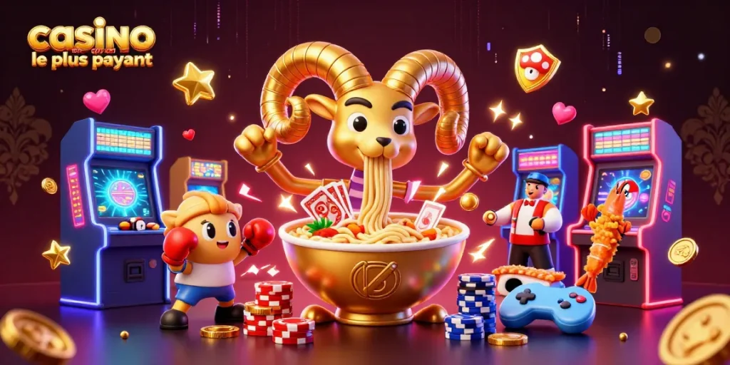Illustration d'un casino en ligne le plus payant montrant un bol de ramen géant et des personnages colorés, toute l'énergie du jeu.