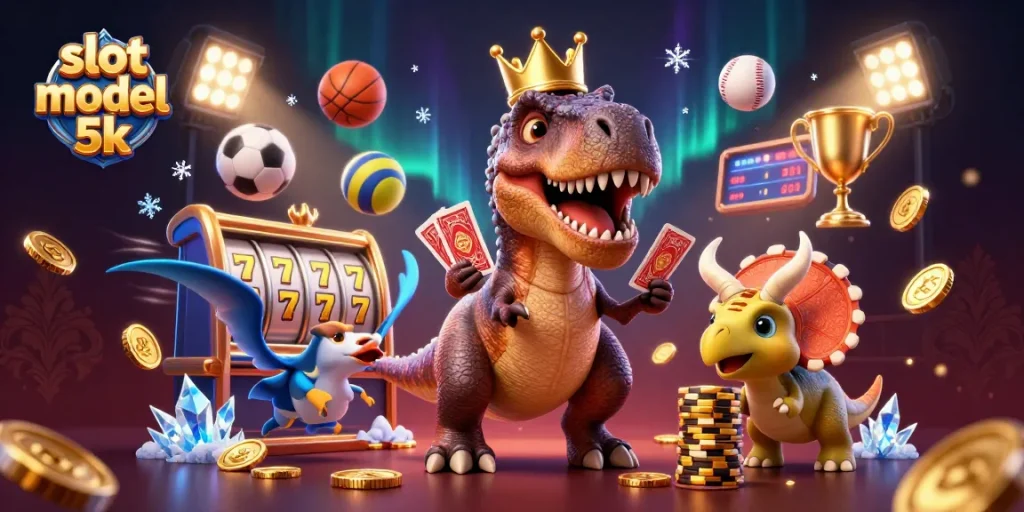 Experience thrilling gameplay with slot modal 5k while T-Rex shuffles cards and triceratops stacks chips.