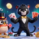 Le casino en ligne le plus payant avec un panthère élégant distribuant des cartes, entouré de jetons et de crypto-monnaies.