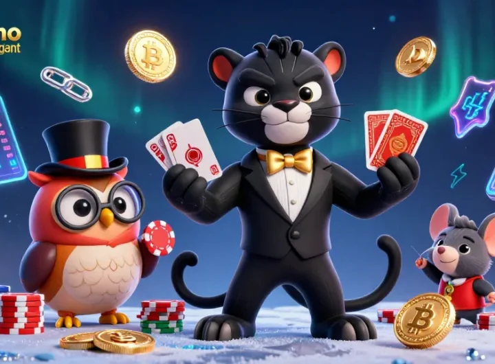 Le casino en ligne le plus payant avec un panthère élégant distribuant des cartes, entouré de jetons et de crypto-monnaies.
