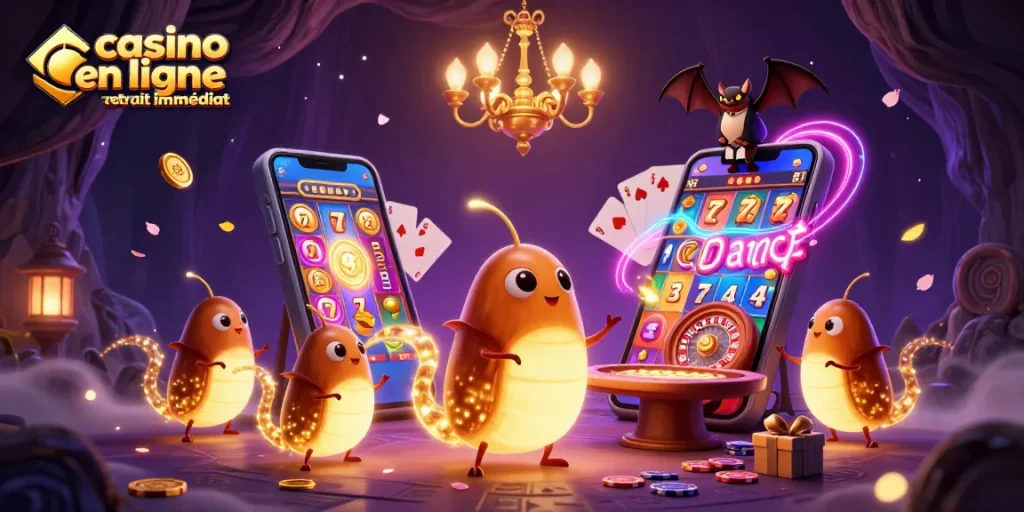 Un décor captivant de casino en ligne retrait immédiat mettant en vedette des vers luisants illuminant une table de jeu.