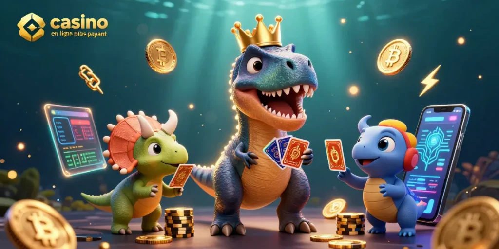 Jouer au casino en ligne le plus payant avec un T-Rex et des éléments de crypto-monnaie animés.