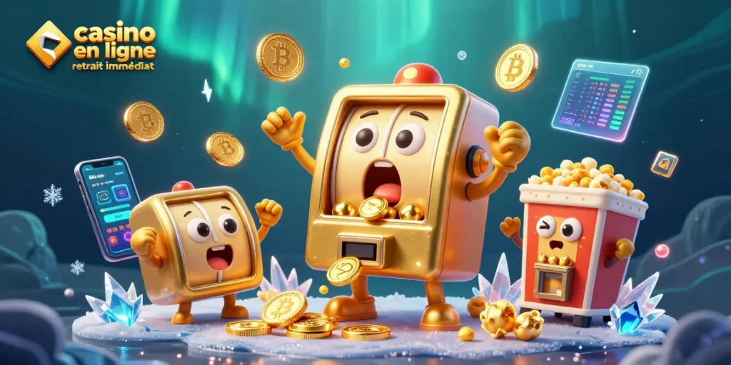 Jouez à casino en ligne retrait immédiat avec une machine à sous dorée surprise par ses gains, entourée de pièces et d'animations de jeux.