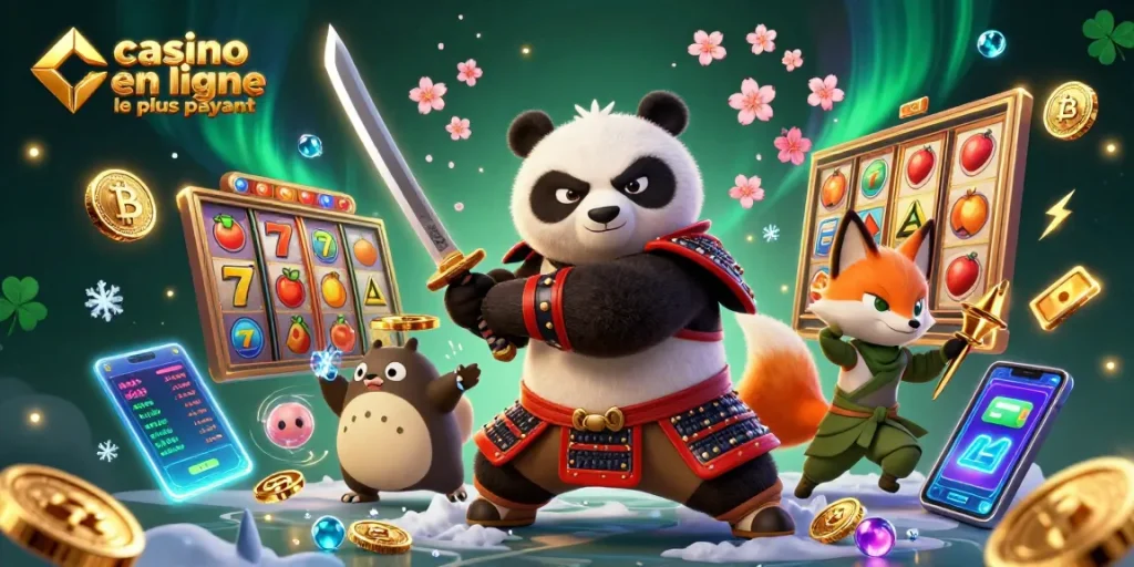 Illustration animée de casino en ligne le plus payant avec un panda samouraï, un renard ninja et un tanuki spirituel.
